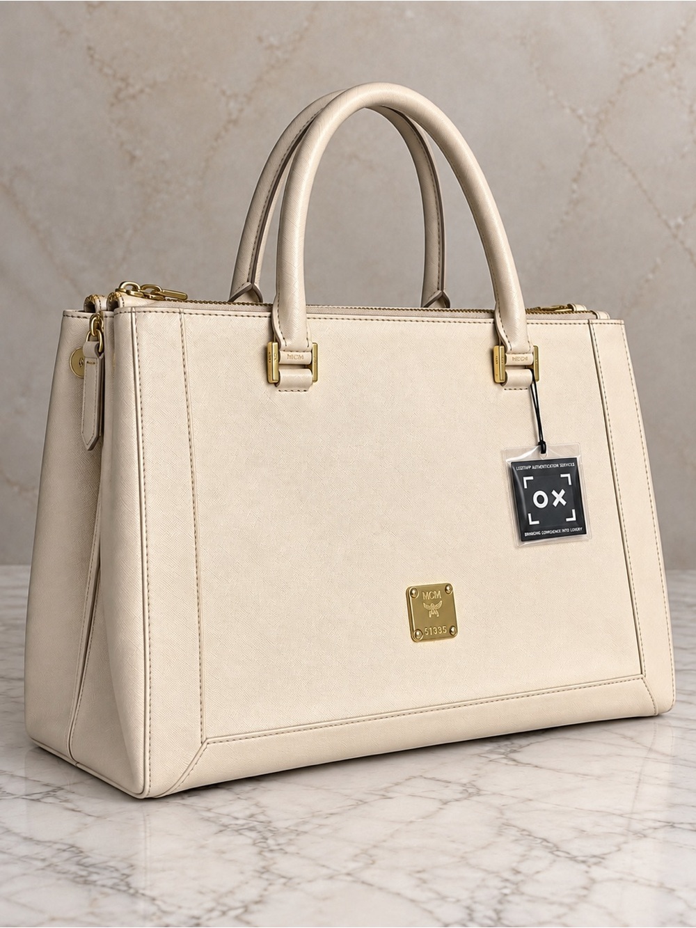 MCM Nuovo Large Ivory Saffiano Leather Tote Satchel Bag Certificate Authenticity - Picture 2 of 8